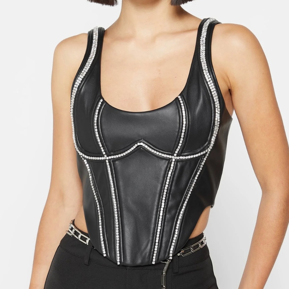 VEGAN LEATHER EMBELLISHED CORSET TOP - BLACK